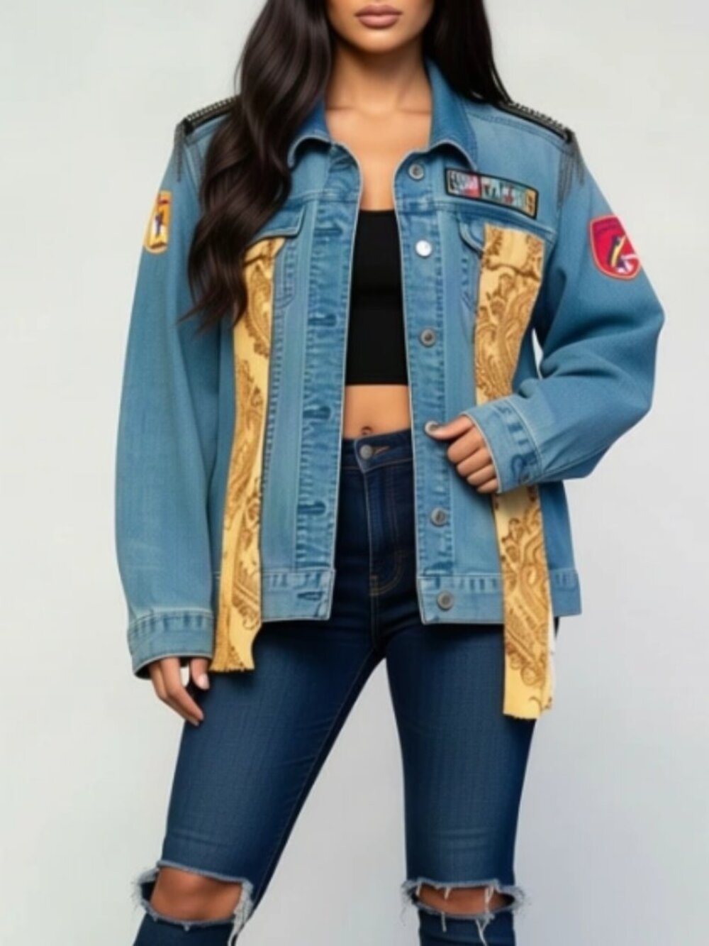 Upcycled OOAK Denim Jean Jacket XL Boho Patchwork Embellished Grunge Streetwear.